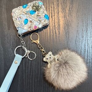 Set- Rabbit Fur Pom Pom w Rhinestone Teddy & Embellished Mirror Keychain